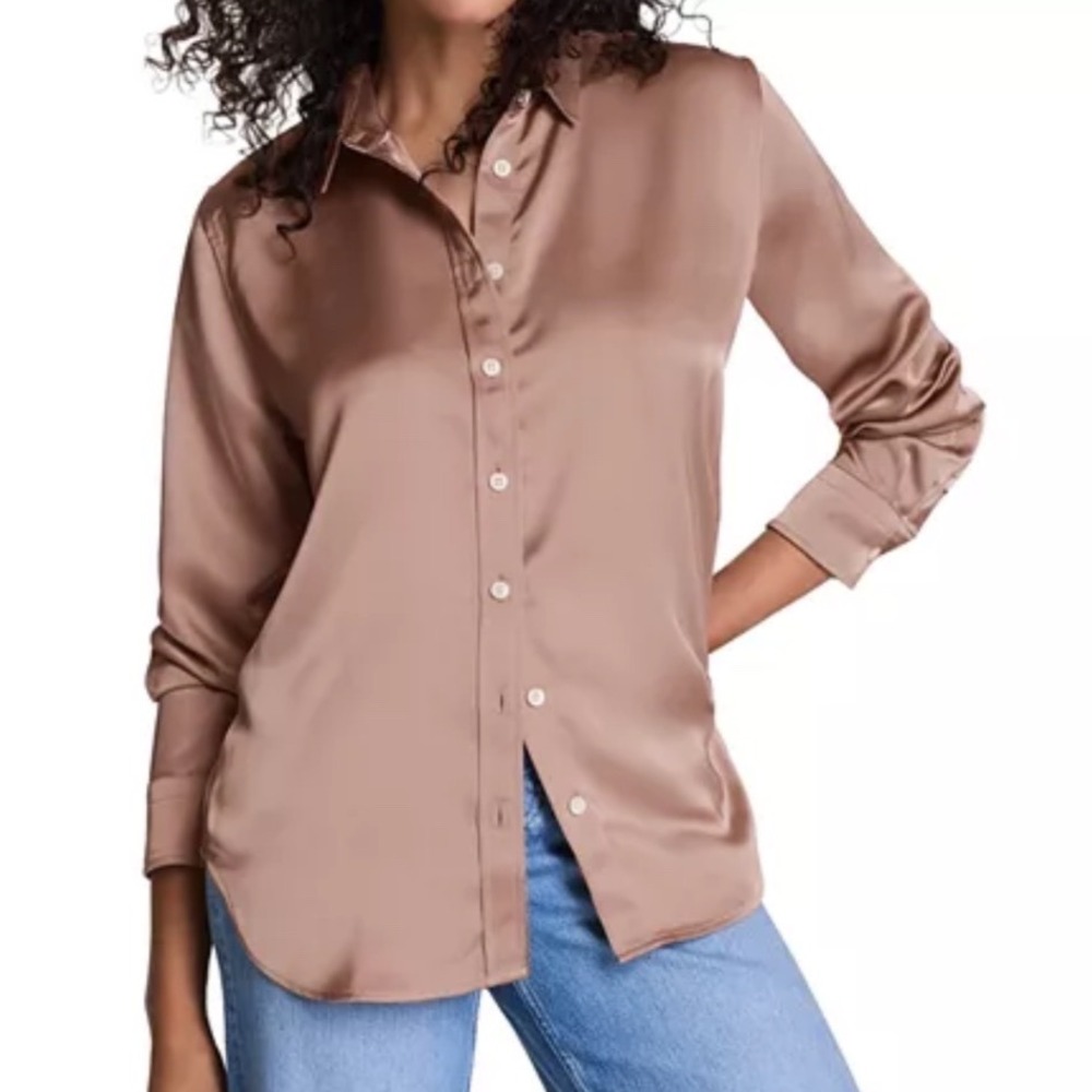 SPANX Better Than Silk Button Down Satin Blouse Cafe Au Lait Brown L - Picture 2 of 12